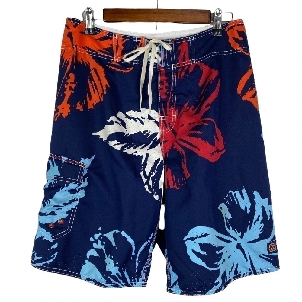 Billabong Floral Laced Front Swim Board Shorts Men's 32 Blue‎